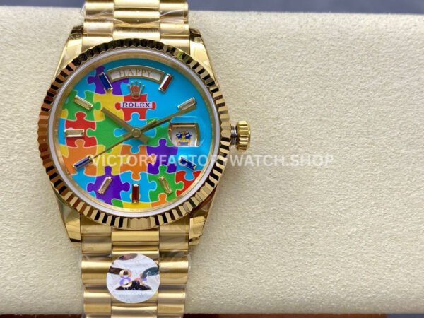 8+ Factory Counterweight Rolex Day-Date 128238-0106 36mm Full Yellow Gold Color Baguette Puzzle Blue Dial