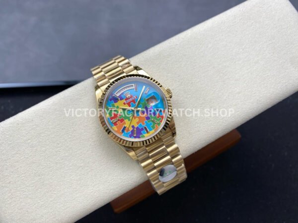 8+ Factory Counterweight Rolex Day-Date 128238-0106 36mm Full Yellow Gold Color Baguette Puzzle Blue Dial
