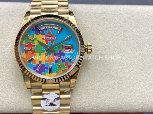 8+ Factory Counterweight Rolex Day-Date 128238-0106 36mm Full Yellow Gold Color Baguette Puzzle Blue Dial