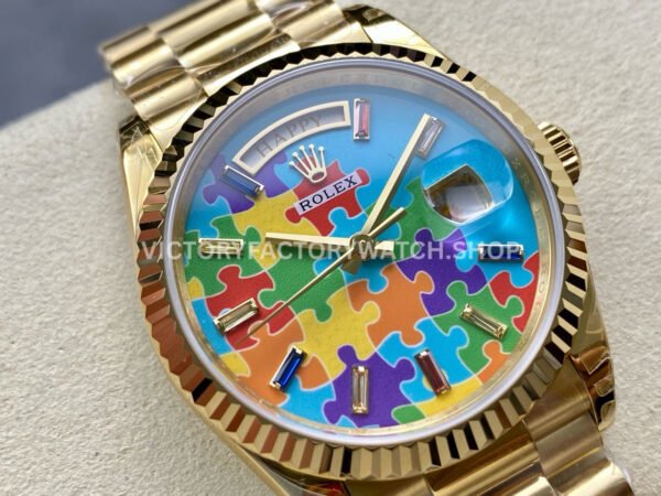 8+ Factory Counterweight Rolex Day-Date 128238-0106 36mm Full Yellow Gold Color Baguette Puzzle Blue Dial