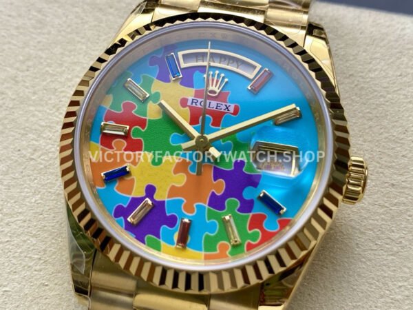 8+ Factory Counterweight Rolex Day-Date 128238-0106 36mm Full Yellow Gold Color Baguette Puzzle Blue Dial
