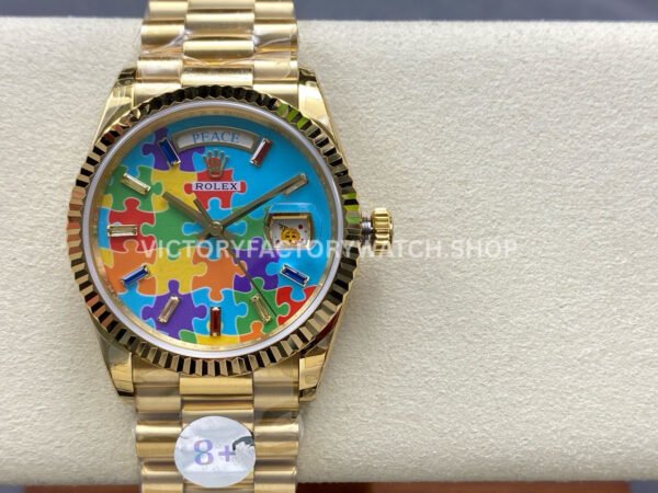 8+ Factory Counterweight Rolex Day-Date 128238-0106 36mm Full Yellow Gold Color Baguette Puzzle Blue Dial