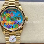 8+ Factory Counterweight Rolex Day-Date 128238-0106 36mm Full Yellow Gold Color Baguette Puzzle Blue Dial