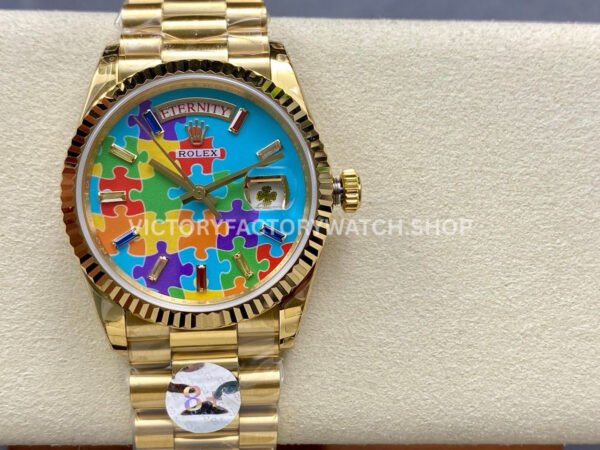 8+ Factory Counterweight Rolex Day-Date 128238-0106 36mm Full Yellow Gold Color Baguette Puzzle Blue Dial