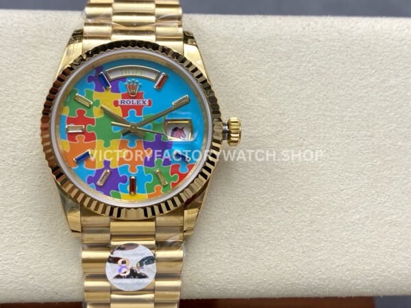 8+ Factory Counterweight Rolex Day-Date 128238-0106 36mm Full Yellow Gold Color Baguette Puzzle Blue Dial