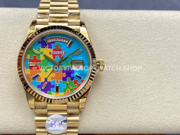 8+ Factory Counterweight Rolex Day-Date 128238-0106 36mm Full Yellow Gold Color Baguette Puzzle Blue Dial