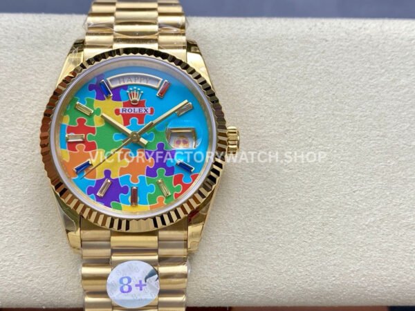 8+ Factory Counterweight Rolex Day-Date 128238-0106 36mm Full Yellow Gold Color Baguette Puzzle Blue Dial