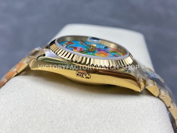 8+ Factory Counterweight Rolex Day-Date 128238-0106 36mm Full Yellow Gold Color Baguette Puzzle Blue Dial