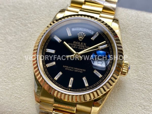 8+ Factory Counterweight Rolex Day-Date 128238 36mm Full Yellow Gold Baguette Diamond Black Dial