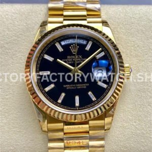 8+ Factory Counterweight Rolex Day-Date 128238 36mm Full Yellow Gold Baguette Diamond Black Dial