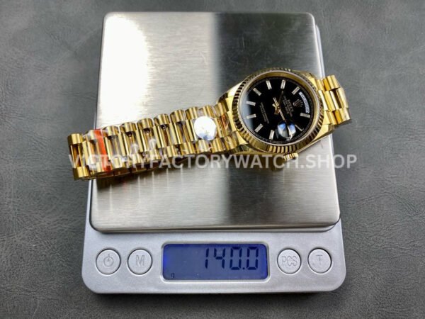8+ Factory Counterweight Rolex Day-Date 128238 36mm Full Yellow Gold Baguette Diamond Black Dial