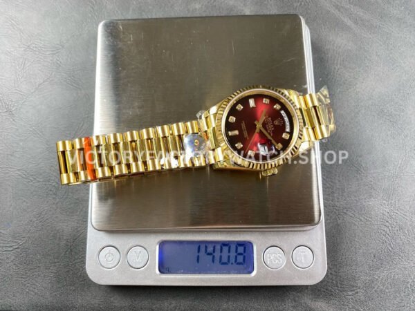 8+ Factory Counterweight Rolex Day-Date 128238 36mm Full Yellow Gold Diamond Mope Baguette Diamond Red Ombré Dial