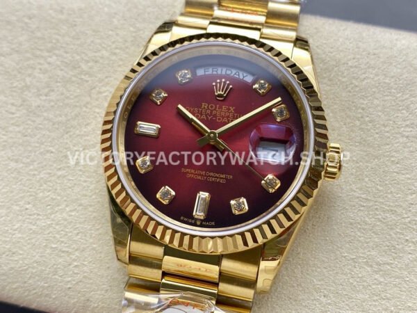 8+ Factory Counterweight Rolex Day-Date 128238 36mm Full Yellow Gold Diamond Mope Baguette Diamond Red Ombré Dial