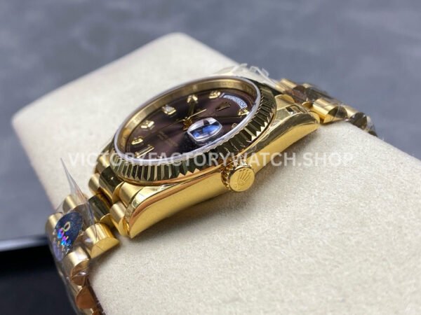 8+ Factory Counterweight Rolex Day-Date 128238 36mm Full Yellow Gold Diamond Mope Baguette Diamond Brown Dial