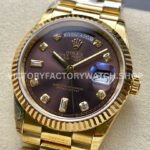8+ Factory Counterweight Rolex Day-Date 128238 36mm Full Yellow Gold Diamond Mope Baguette Diamond Brown Dial