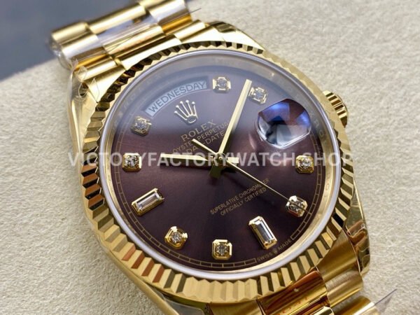 8+ Factory Counterweight Rolex Day-Date 128238 36mm Full Yellow Gold Diamond Mope Baguette Diamond Brown Dial