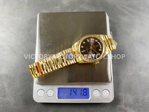 8+ Factory Counterweight Rolex Day-Date 128238 36mm Full Yellow Gold Diamond Mope Baguette Diamond Brown Dial