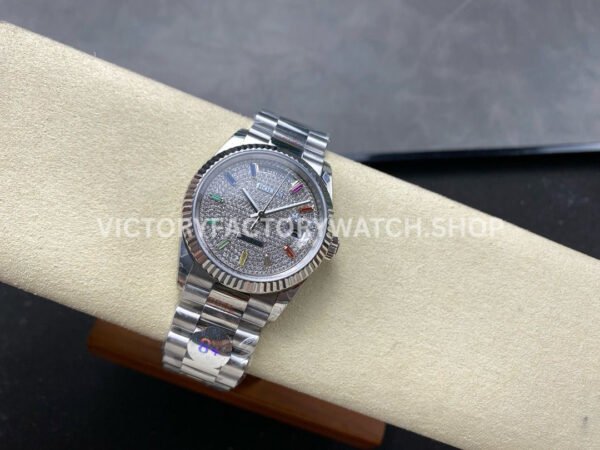 8+ Factory Counterweight Rolex Day-Date 128239-0019 Full White Gold Baguette Diamond White Gold Dial