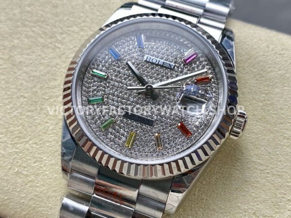 8+ Factory Counterweight Rolex Day-Date 128239-0019 Full White Gold Baguette Diamond White Gold Dial
