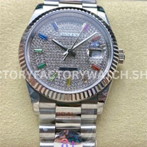 8+ Factory Counterweight Rolex Day-Date 128239-0019 Full White Gold Baguette Diamond White Gold Dial