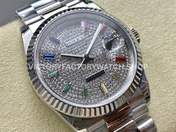8+ Factory Counterweight Rolex Day-Date 128239-0019 Full White Gold Baguette Diamond White Gold Dial