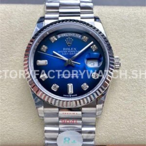 8+ Factory Counterweight Rolex Day-Date 128239-0023 36mm White Gold Diamond Mop Baguette Diamond Dark Blue Dial