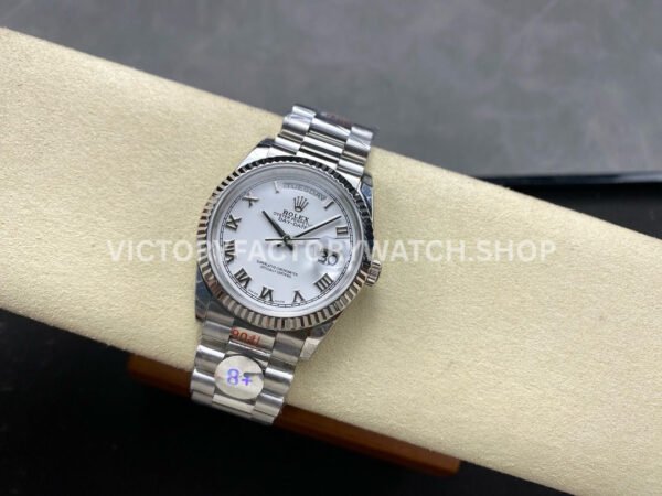 8+ Factory Counterweight Rolex Day-Date 128239-0038 36mm Full White Gold Roman Numerals White Dial