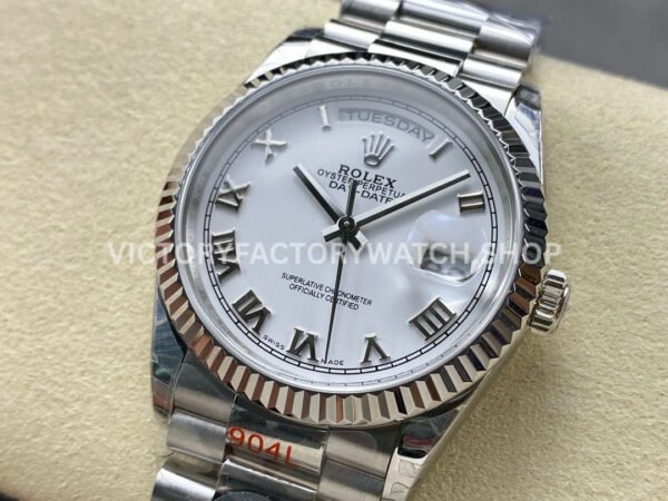 8+ Factory Counterweight Rolex Day-Date 128239-0038 36mm Full White Gold Roman Numerals White Dial