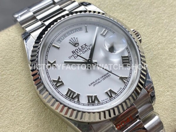 8+ Factory Counterweight Rolex Day-Date 128239-0038 36mm Full White Gold Roman Numerals White Dial
