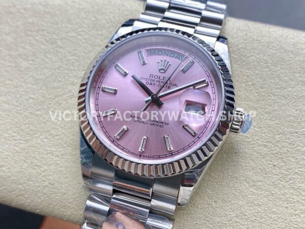 8+ Factory Counterweight Rolex Day-Date 128239-0071 36mm White Gold Baguette Diamond Pink Dial