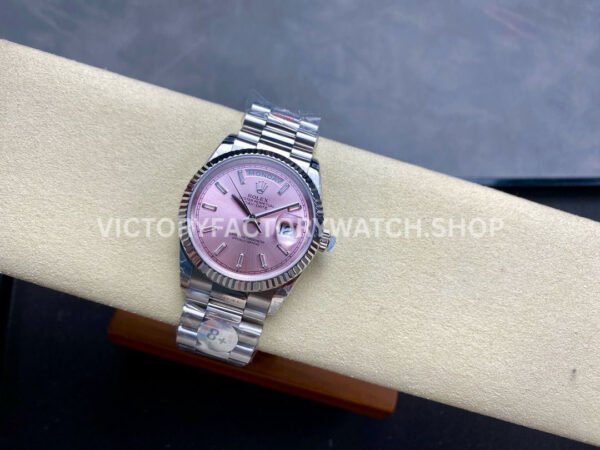 8+ Factory Counterweight Rolex Day-Date 128239-0071 36mm White Gold Baguette Diamond Pink Dial