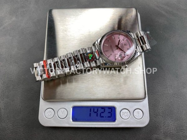 8+ Factory Counterweight Rolex Day-Date 128239-0071 36mm White Gold Baguette Diamond Pink Dial