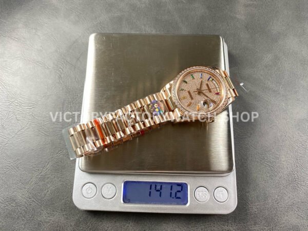 8+ Factory Counterweight Rolex Day-Date 128345RBR-0042 36mm Diamond Rose Gold Bezel Full Rose Gold Baguette Diamond Rose Gold Dial