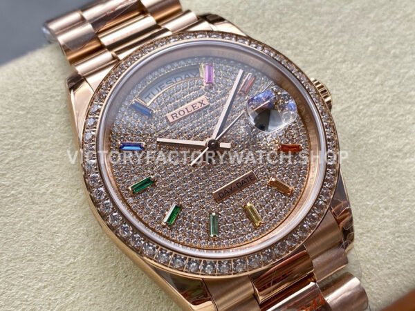 8+ Factory Counterweight Rolex Day-Date 128345RBR-0042 36mm Diamond Rose Gold Bezel Full Rose Gold Baguette Diamond Rose Gold Dial