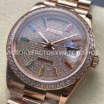 8+ Factory Counterweight Rolex Day-Date 128345RBR-0042 36mm Diamond Rose Gold Bezel Full Rose Gold Baguette Diamond Rose Gold Dial
