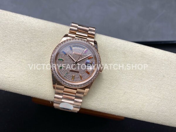 8+ Factory Counterweight Rolex Day-Date 128345RBR-0042 36mm Diamond Rose Gold Bezel Full Rose Gold Baguette Diamond Rose Gold Dial