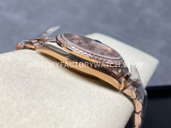 8+ Factory Counterweight Rolex Day-Date 128345RBR-0042 36mm Diamond Rose Gold Bezel Full Rose Gold Baguette Diamond Rose Gold Dial