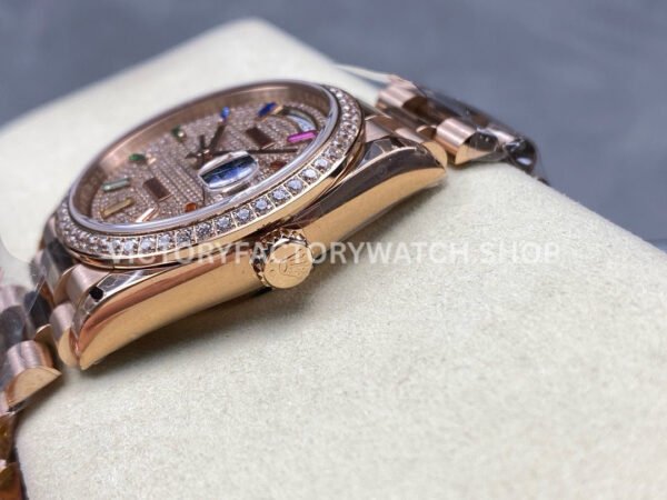 8+ Factory Counterweight Rolex Day-Date 128345RBR-0042 36mm Diamond Rose Gold Bezel Full Rose Gold Baguette Diamond Rose Gold Dial
