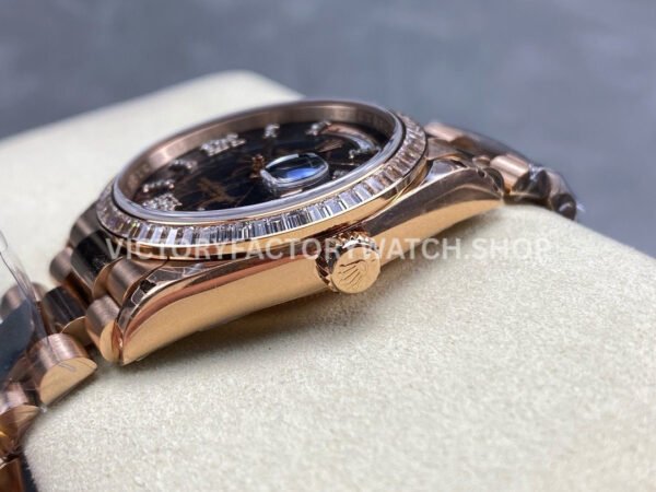 8+ Factory Counterweight Rolex Day-Date 128345RBR-0044 36mm Diamond Bezel Full Rose Gold Roman Numerals Diamond Black Dial