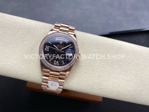 8+ Factory Counterweight Rolex Day-Date 128345RBR-0044 36mm Diamond Bezel Full Rose Gold Roman Numerals Diamond Black Dial