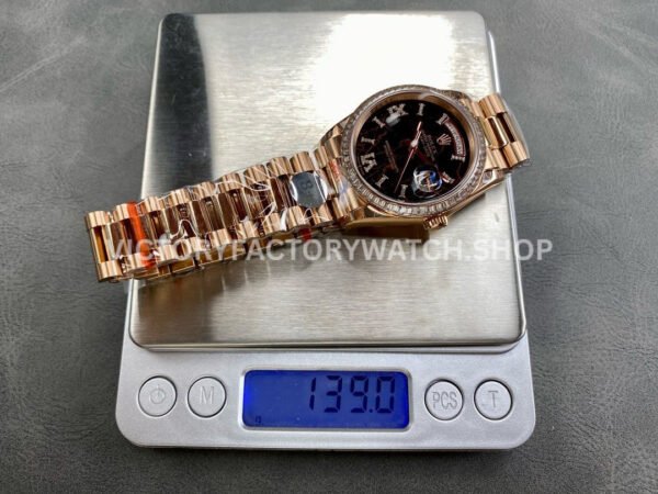 8+ Factory Counterweight Rolex Day-Date 128345RBR-0044 36mm Diamond Bezel Full Rose Gold Roman Numerals Diamond Black Dial