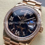 8+ Factory Counterweight Rolex Day-Date 128345RBR-0044 36mm Diamond Bezel Full Rose Gold Roman Numerals Diamond Black Dial