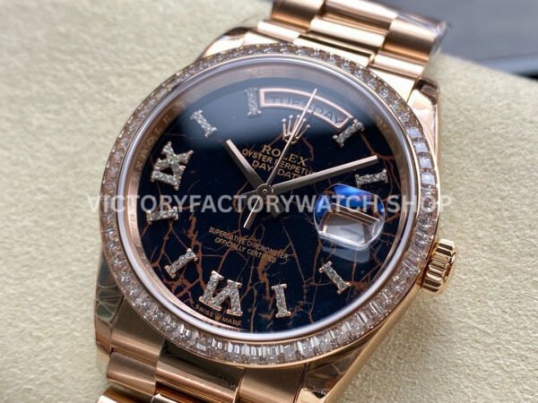 8+ Factory Counterweight Rolex Day-Date 128345RBR-0044 36mm Diamond Bezel Full Rose Gold Roman Numerals Diamond Black Dial