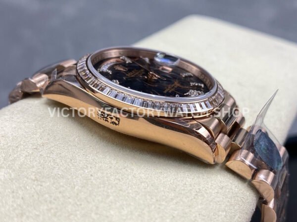 8+ Factory Counterweight Rolex Day-Date 128345RBR-0044 36mm Diamond Bezel Full Rose Gold Roman Numerals Diamond Black Dial