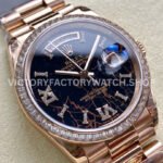 8+ Factory Counterweight Rolex Day-Date 128345RBR-0044 36mm Diamond Bezel Full Rose Gold Roman Numerals Diamond Black Dial