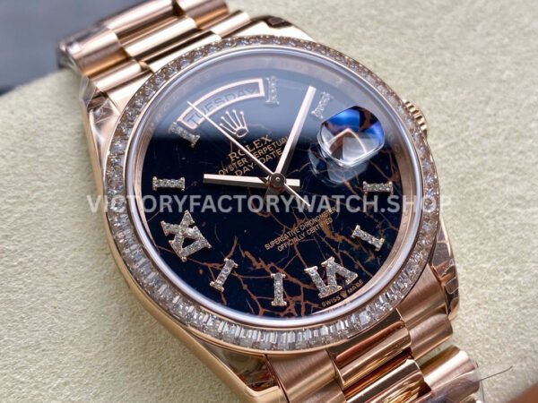 8+ Factory Counterweight Rolex Day-Date 128345RBR-0044 36mm Diamond Bezel Full Rose Gold Roman Numerals Diamond Black Dial