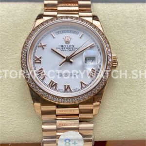 8+ Factory Counterweight Rolex Day-Date 128345RBR-0054 36mm Diamond Bezel Full Rose Gold Roman Numerals White Dial