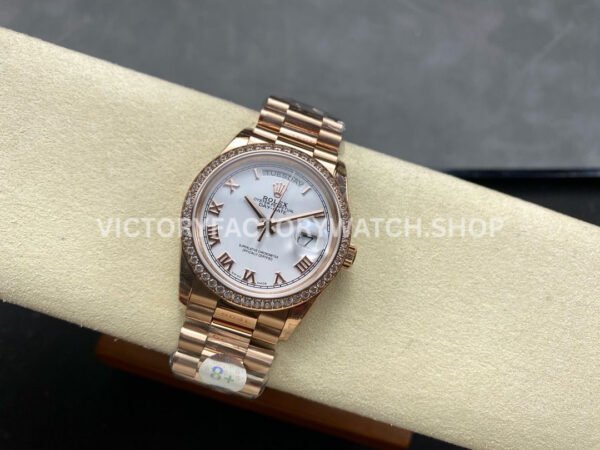 8+ Factory Counterweight Rolex Day-Date 128345RBR-0054 36mm Diamond Bezel Full Rose Gold Roman Numerals White Dial