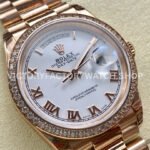 8+ Factory Counterweight Rolex Day-Date 128345RBR-0054 36mm Diamond Bezel Full Rose Gold Roman Numerals White Dial