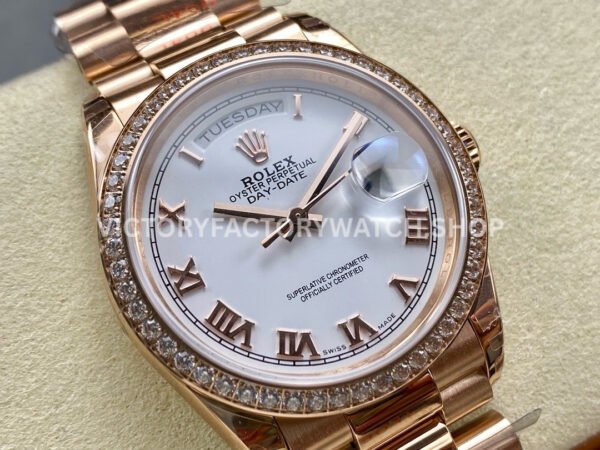 8+ Factory Counterweight Rolex Day-Date 128345RBR-0054 36mm Diamond Bezel Full Rose Gold Roman Numerals White Dial